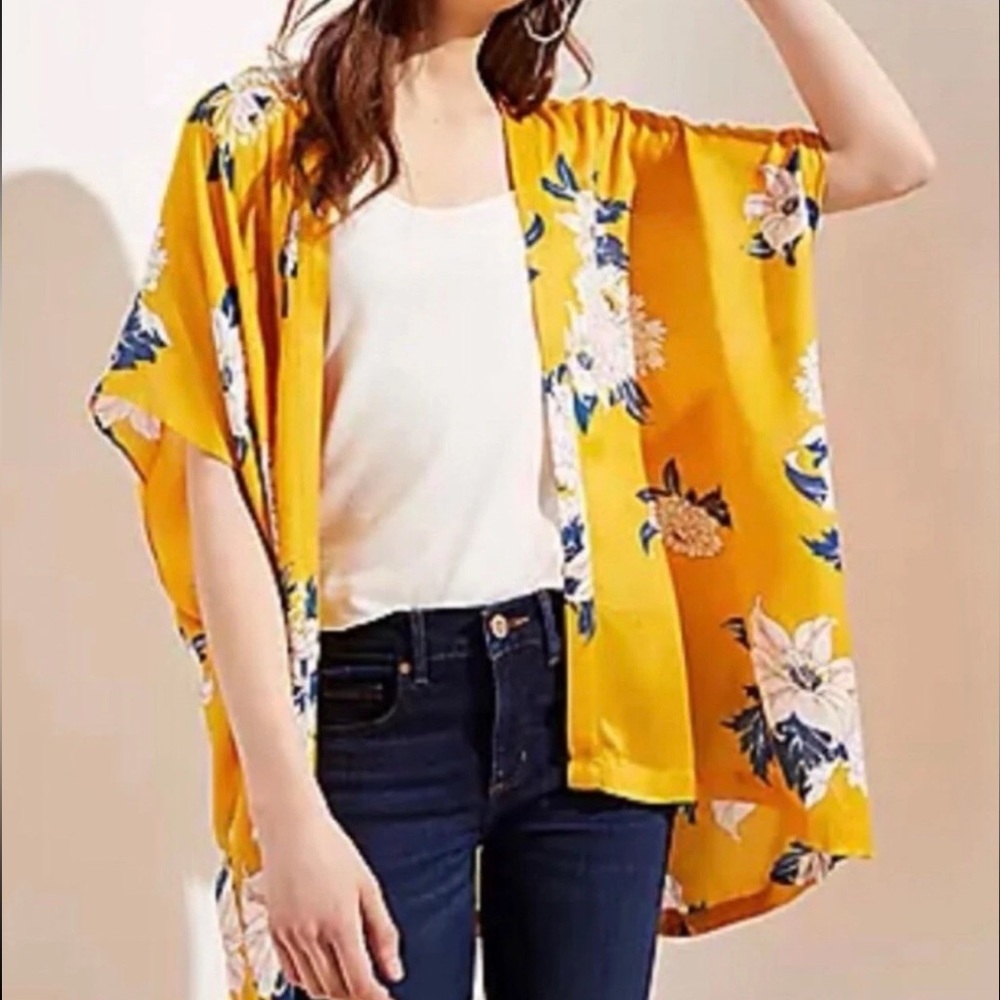 Yellow and Navy Floral Kimono by LOFT